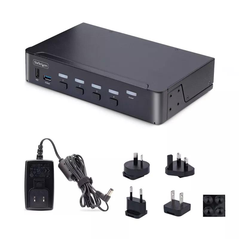 StarTech.com Comutador KVM DisplayPort de 4 portas, 8K 60Hz / 4K 144Hz, ecrã único, DP 1.4, 2 portas USB 3.0, 4 portas USB 2.0 HID, comutação por botão e tecla de atalho, conforme TAA - independente do sistema operativo, caixa metálica