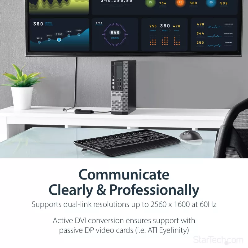 StarTech.com Adaptador ativo DisplayPort para DVI Dual Link - Conversor de vídeo adaptador DisplayPort para DVI-D 2560x1600 60Hz - DP 1.2 para monitor DVI - Alimentação USB - Ficha DP com bloqueio