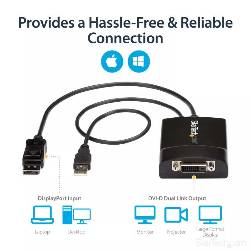 StarTech.com Adaptador ativo DisplayPort para DVI Dual Link - Conversor de vídeo adaptador DisplayPort para DVI-D 2560x1600 60Hz - DP 1.2 para monitor DVI - Alimentação USB - Ficha DP com bloqueio