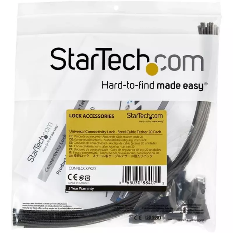 StarTech.com Pack de 20 suportes de cabo de segurança para adaptadores e dongles - Suporte universal para adaptador de cabo - Cabo de retenção - Comprimento ajustável Conjunto de suporte de cabo antifurto - Aço