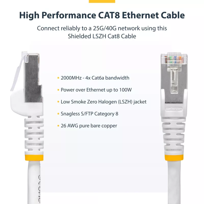 StarTech.com Cabo Ethernet CAT8 branco de 10m, RJ45 sem patilha, 25G/40G, 2000MHz, 100W PoE++, S/FTP, 26AWG cobre puro, LSZH, cabo de rede patch blindado com alívio de tensão, testado individualmente