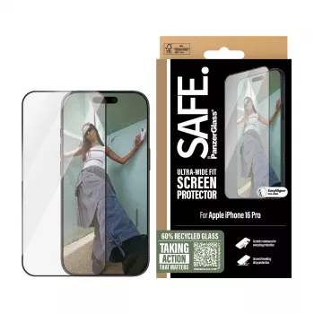 Película de proteção de ecrã PanzerGlass SAFE. by ® com moldura preta iPhone 16 Pro | Ultra-Wide Fit