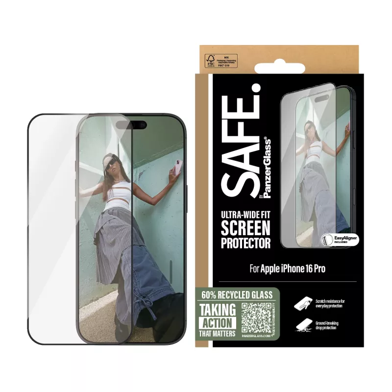Película de proteção de ecrã PanzerGlass SAFE. by ® com moldura preta iPhone 16 Pro | Ultra-Wide Fit