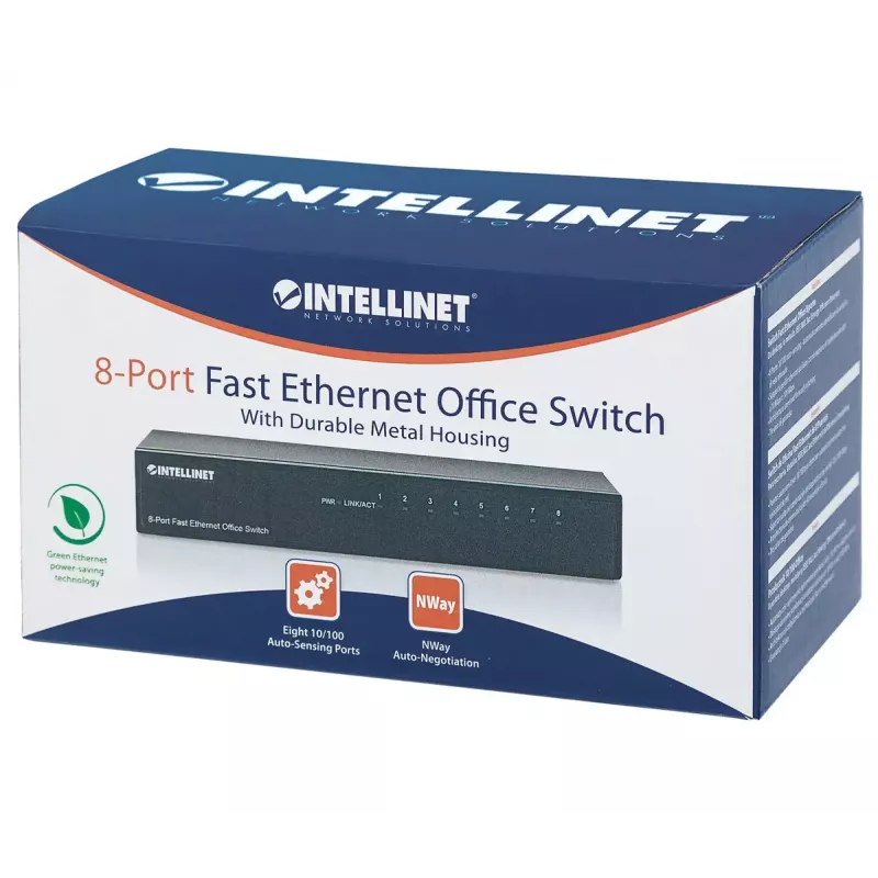 Switch de escritório Fast Ethernet de 8 portas Intellinet, tamanho de secretária, metal, IEEE 802.3az (Ethernet energeticamente eficiente), caixa