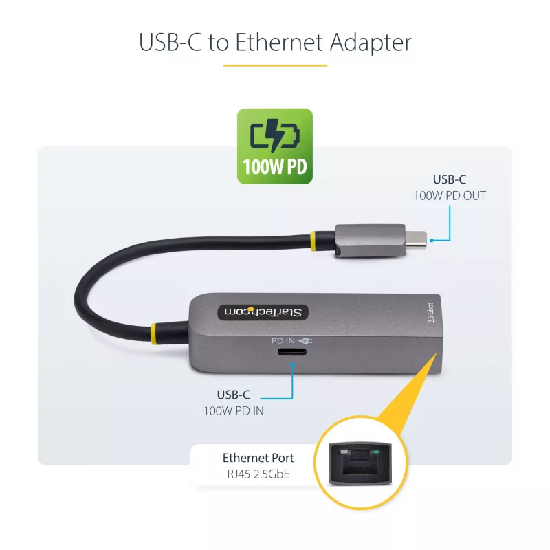 Adaptador USB-C para Ethernet 2.5GbE StarTech.com, passthrough PD 100W, NIC NBASE-T, rede multi-velocidade USB 3.0 Type-C 2.5/1G, compatível com Thunderbolt, Windows e Mac