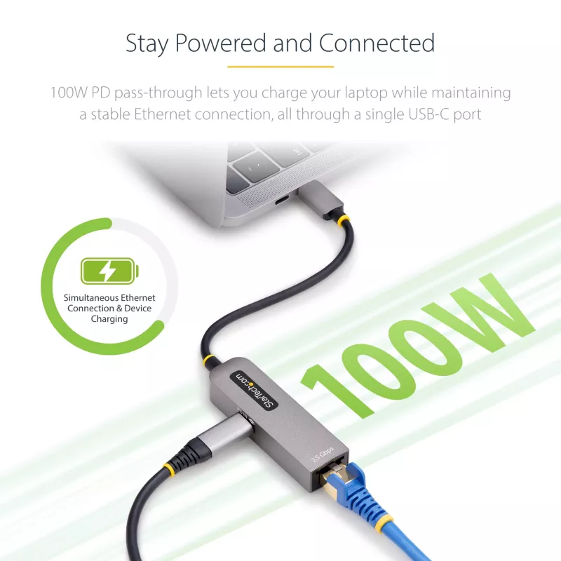 Adaptador USB-C para Ethernet 2.5GbE StarTech.com, passthrough PD 100W, NIC NBASE-T, rede multi-velocidade USB 3.0 Type-C 2.5/1G, compatível com Thunderbolt, Windows e Mac
