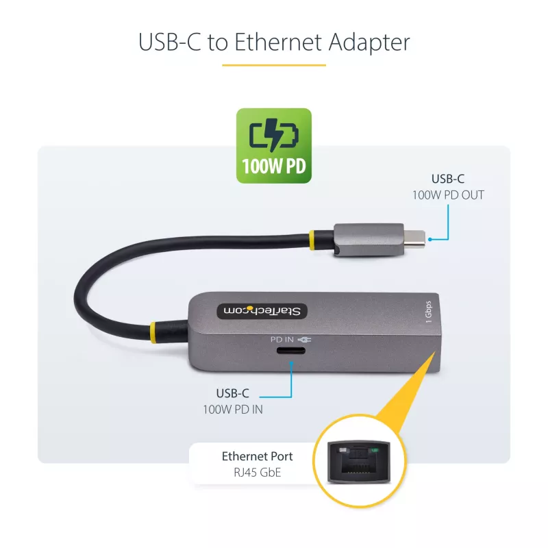 Adaptador USB-C para Ethernet StarTech.com, NIC, passagem PD 100W, adaptador de rede multi-velocidade USB 3.0 Type-C 1 Gbit/s, compatível com Thunderbolt, Windows e Mac
