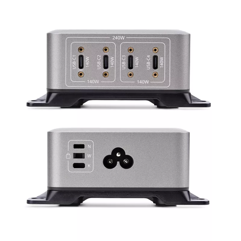 StarTech.com Carregador USB-C 4 portas multi-dispositivo, 240W total, porta única 140W EPR, PD 3.1, portas com bloqueio de parafuso, salas de conferência, suporte incluído para montagem em superfície