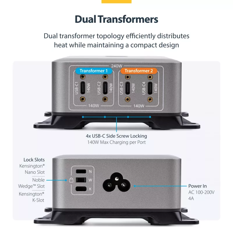 StarTech.com Carregador USB-C 4 portas multi-dispositivo, 240W total, porta única 140W EPR, PD 3.1, portas com bloqueio de parafuso, salas de conferência, suporte incluído para montagem em superfície