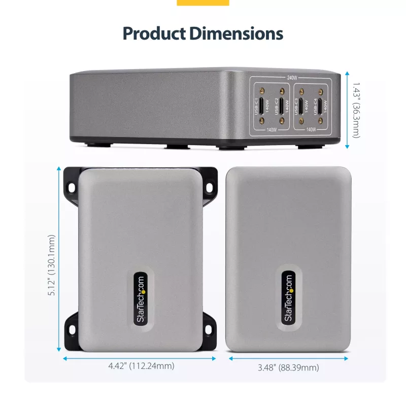 StarTech.com Carregador USB-C 4 portas multi-dispositivo, 240W total, porta única 140W EPR, PD 3.1, portas com bloqueio de parafuso, salas de conferência, suporte incluído para montagem em superfície
