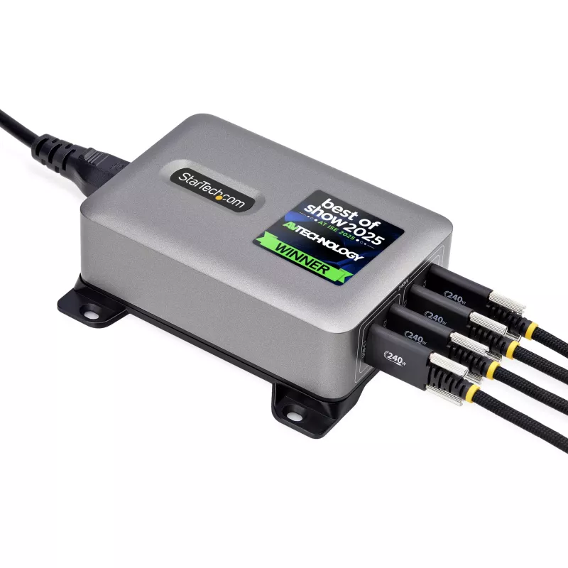 StarTech.com Carregador USB-C 4 portas multi-dispositivo, 240W total, porta única 140W EPR, PD 3.1, portas com bloqueio de parafuso, salas de conferência, suporte incluído para montagem em superfície