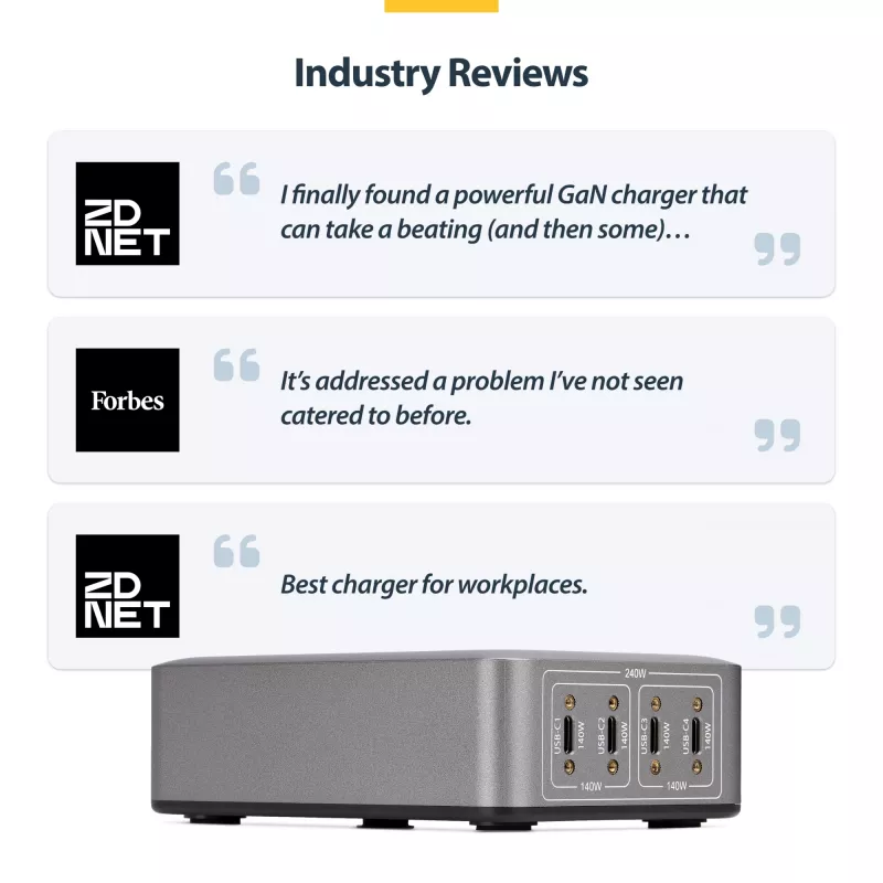 StarTech.com Carregador USB-C 4 portas multi-dispositivo, 240W total, porta única 140W EPR, PD 3.1, portas com bloqueio de parafuso, salas de conferência, suporte incluído para montagem em superfície