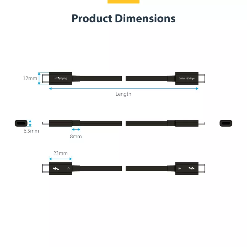 StarTech.com Cabo Thunderbolt 5 de 2.6ft (80cm), 80 Gbit/s/ até 120 Gbit/s, 240 W PD, 8K 60 Hz, cabo Thunderbolt certificado – compatível com Thunderbolt 4/USB4/USB-C