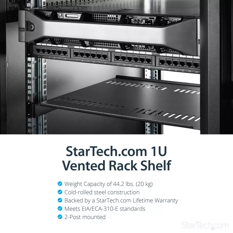 StarTech.com Prateleira de rack 1U para servidor – Bandeja cantilever ventilada universal para rack de equipamento de rede e armário de 19 polegadas – Aço de alta resistência – Capacidade de carga 44lb/20kg – Prateleira com 16 polegadas de profundidade, Preto