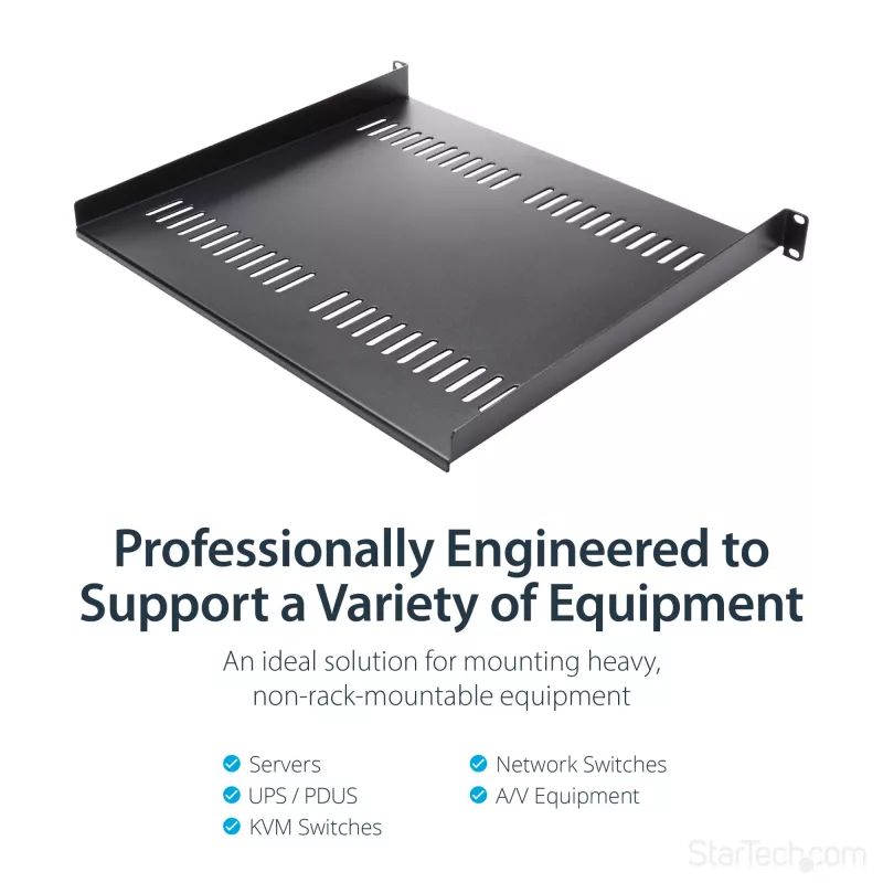 StarTech.com Prateleira de rack 1U para servidor – Bandeja cantilever ventilada universal para rack de equipamento de rede e armário de 19 polegadas – Aço de alta resistência – Capacidade de carga 44lb/20kg – Prateleira com 16 polegadas de profundidade, Preto