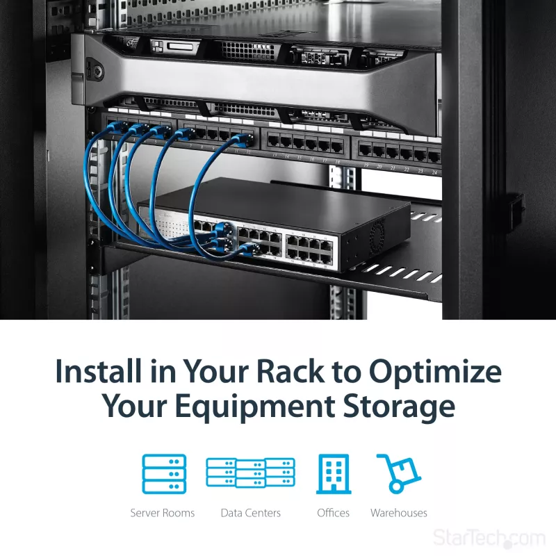 StarTech.com Prateleira de rack 1U para servidor – Bandeja cantilever ventilada universal para rack de equipamento de rede e armário de 19 polegadas – Aço de alta resistência – Capacidade de carga 44lb/20kg – Prateleira com 16 polegadas de profundidade, Preto