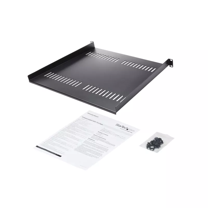 StarTech.com Prateleira de rack 1U para servidor – Bandeja cantilever ventilada universal para rack de equipamento de rede e armário de 19 polegadas – Aço de alta resistência – Capacidade de carga 44lb/20kg – Prateleira com 16 polegadas de profundidade, Preto