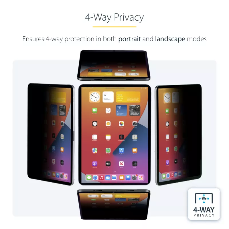 StarTech.com Película de privacidade de 4 vias para iPad Pro de 12,9 polegadas, 3.ª geração e mais recente, para orientação vertical/horizontal, compatível com toque, ângulo de visão +/- 30°, bloqueia até 51 % de luz azul, mate
