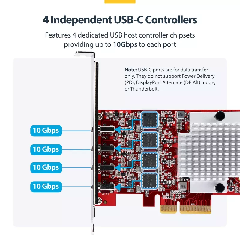 StarTech.com Placa PCIe USB Type-C de 4 portas, USB 3.2 10Gbps, placa de expansão USB-C PCI Express, 4 controladores USB independentes, Windows/Linux/macOS, conforme TAA