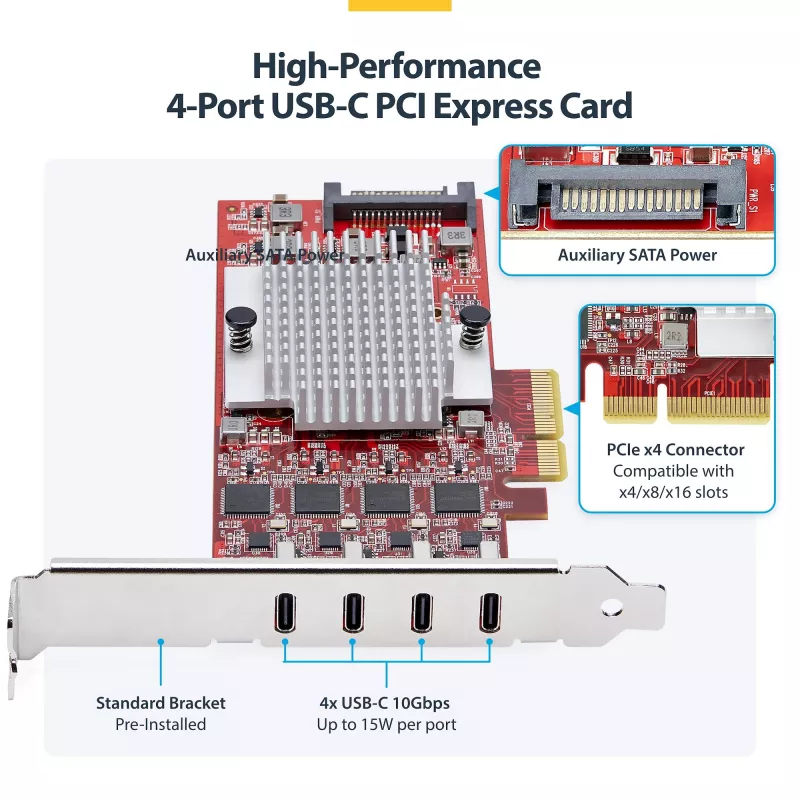 StarTech.com Placa PCIe USB Type-C de 4 portas, USB 3.2 10Gbps, placa de expansão USB-C PCI Express, 4 controladores USB independentes, Windows/Linux/macOS, conforme TAA