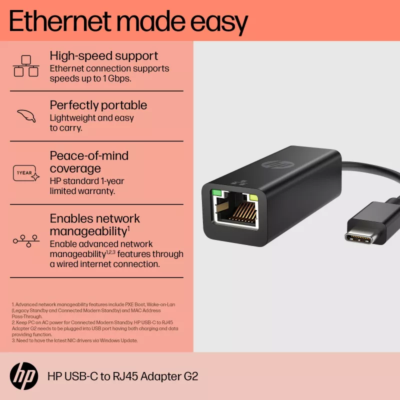 Adaptador HP USB-C para RJ45 G2, com fios, USB Type-C, preto, China, casa, Windows 10, Windows 11