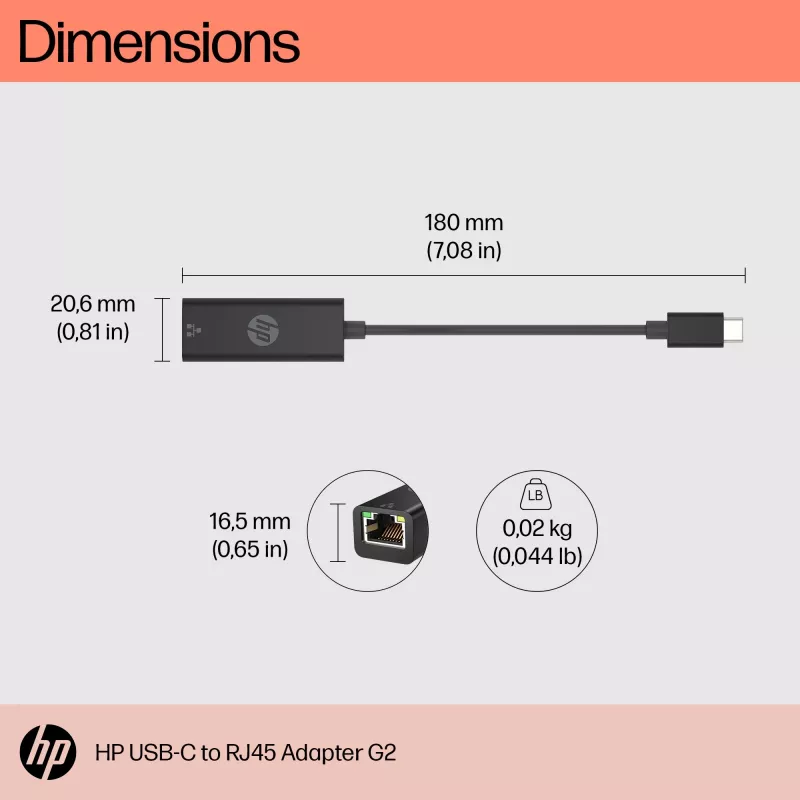 Adaptador HP USB-C para RJ45 G2, com fios, USB Type-C, preto, China, casa, Windows 10, Windows 11