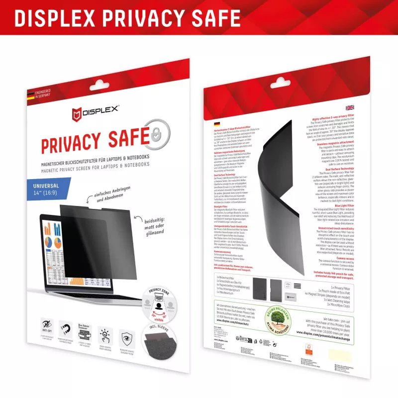 Filtro de privacidade magnético de 2 vias Displex PRIVACY SAFE para portátil/notebook 14'' (16:9)