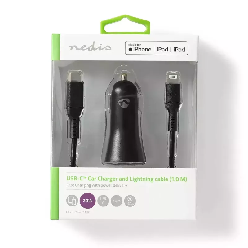 Nedis CCPDL20W111BK carregador de automóvel 20W, 1x USB-C, cabo Lightning de 8 pinos, preto