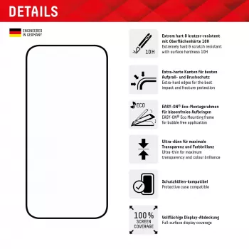 Displex Full Cover Screen Protector (10H) para Apple iPhone 15 Plus/15 Pro Max, moldura de montagem Eco, cobertura total