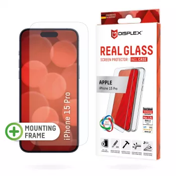 Película protetora de ecrã Displex + capa para Apple iPhone 15 Pro, moldura de montagem Eco, resistente a riscos