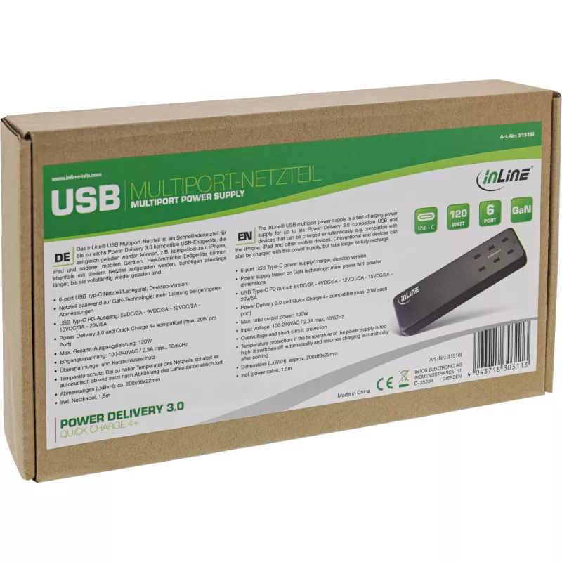 Fonte de alimentação multiporta InLine, carregador, 6x USB-C, PD 3.0, GaN, preto