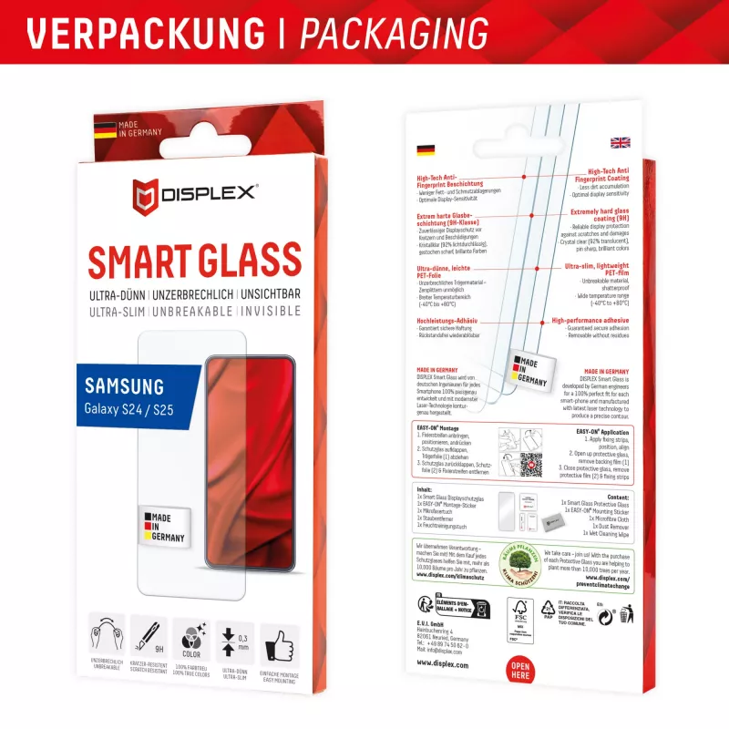 Displex Smart Glass (9H) para Samsung Galaxy S24/S25, autocolante de montagem, inquebrável