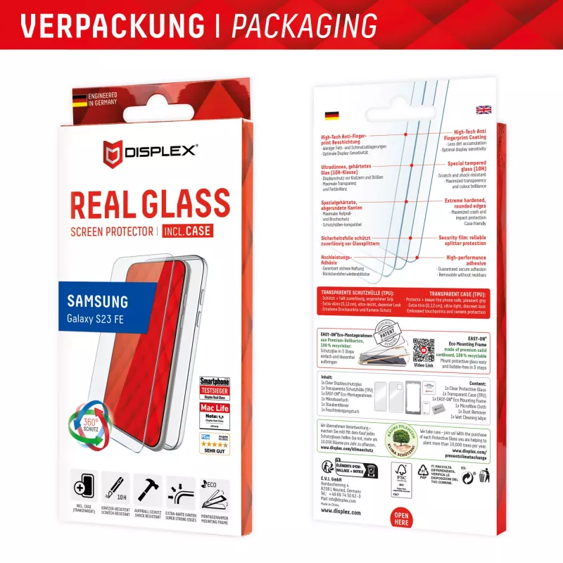 Película de proteção de ecrã Displex + capa para Samsung Galaxy S23 FE, moldura de montagem Eco, resistente a riscos