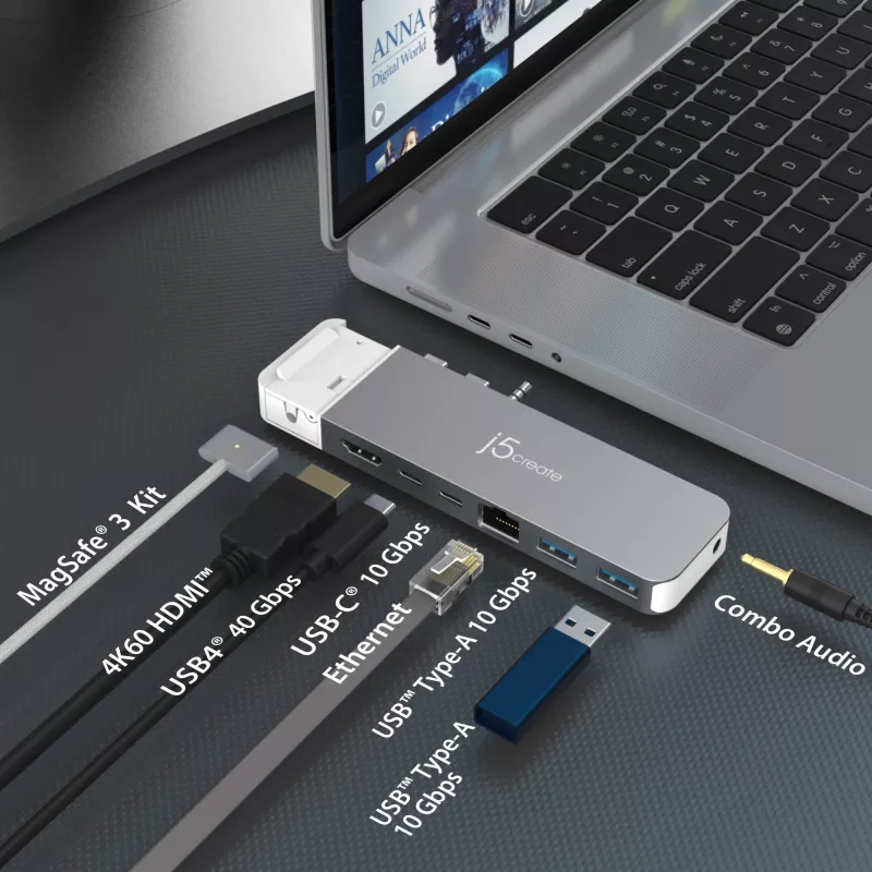 Hub USB j5create JCD395 4K60 Elite Pro com fios USB4 com kit MagSafe