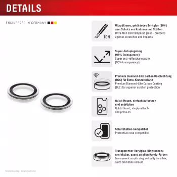 Displex Premium Vidro para lente de câmara, iPhone 16/16 Plus/17 vidro, 10H, Single Rings, DLC, transparente, Quick Mount