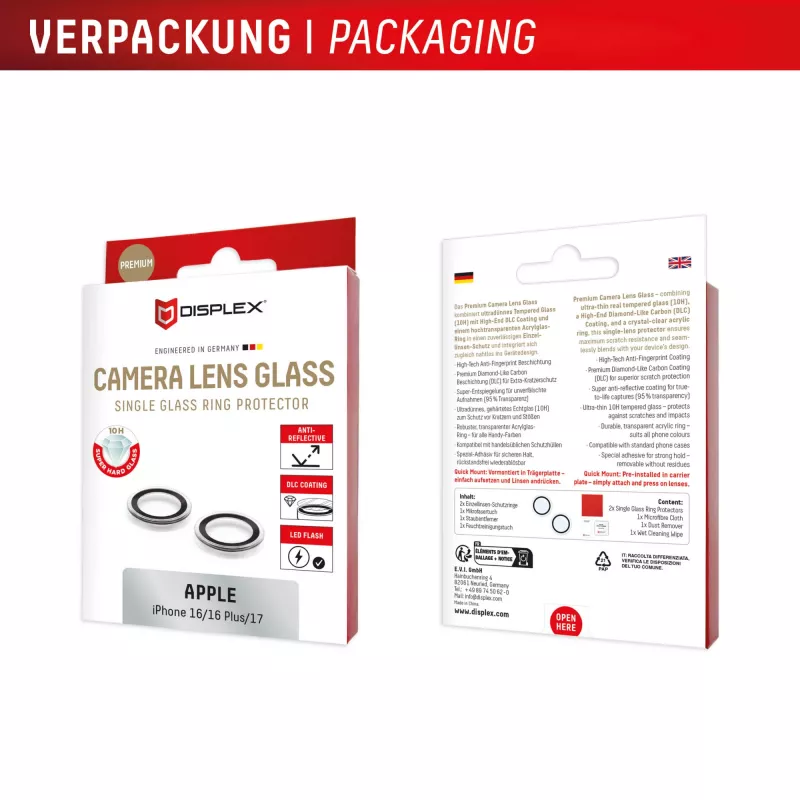 Displex Premium Vidro para lente de câmara, iPhone 16/16 Plus/17 vidro, 10H, Single Rings, DLC, transparente, Quick Mount