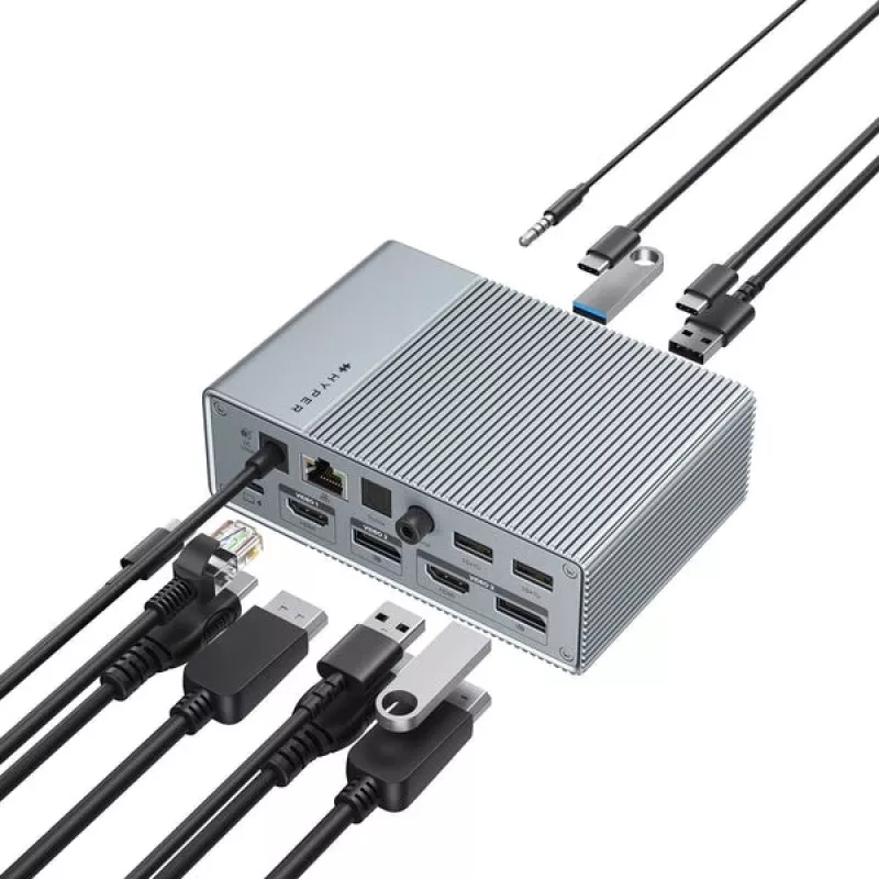 HyperDrive GEN2 HDG215-EUZ estação de ancoragem USB-C 15-in-1, 2x HDMI, 2x DisplayPort, 100W Power Delivery, prateada