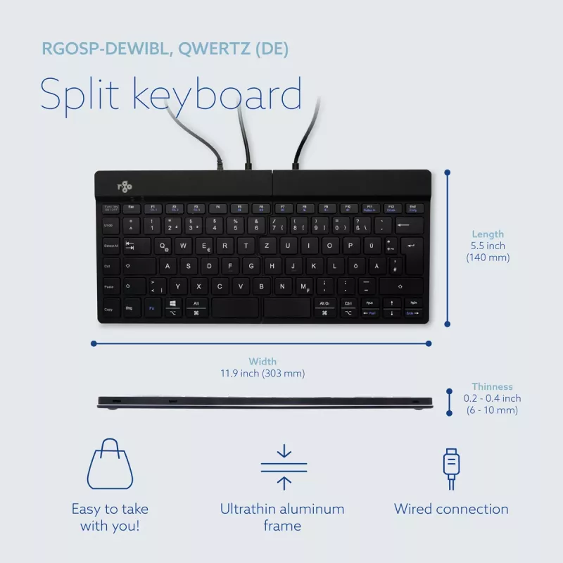 Teclado ergonómico R-Go Tools R-Go Split Break v2 com software break, teclado ergonómico split, QWERTZ (DE), com fios, preto