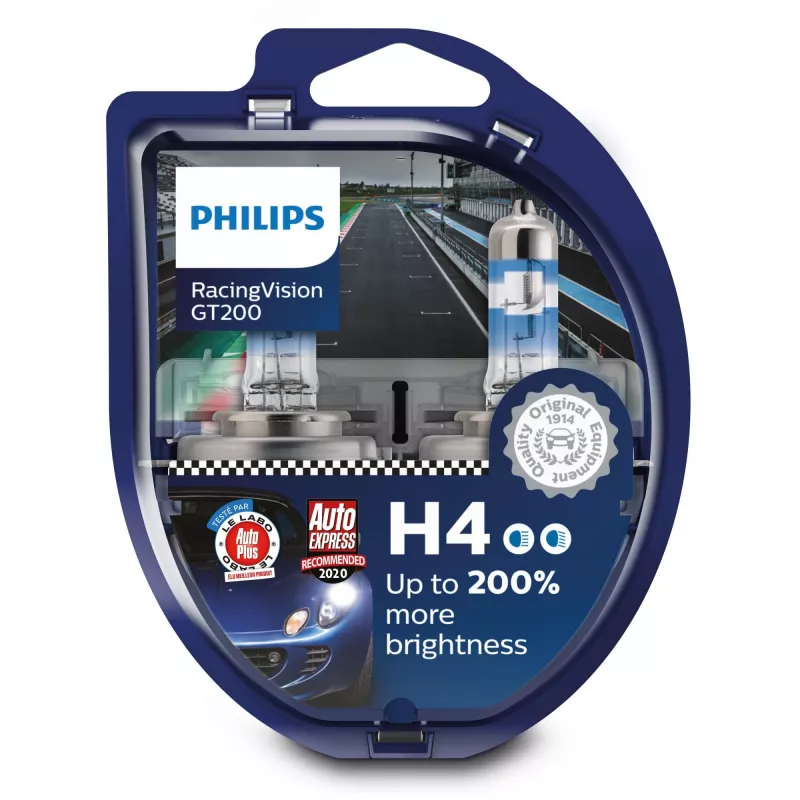 Lâmpada de alto desempenho Philips RacingVision GT200 12342RGTS2, 60 W, 12 V, H4, halogéneo, 3600 K, 2 unid.