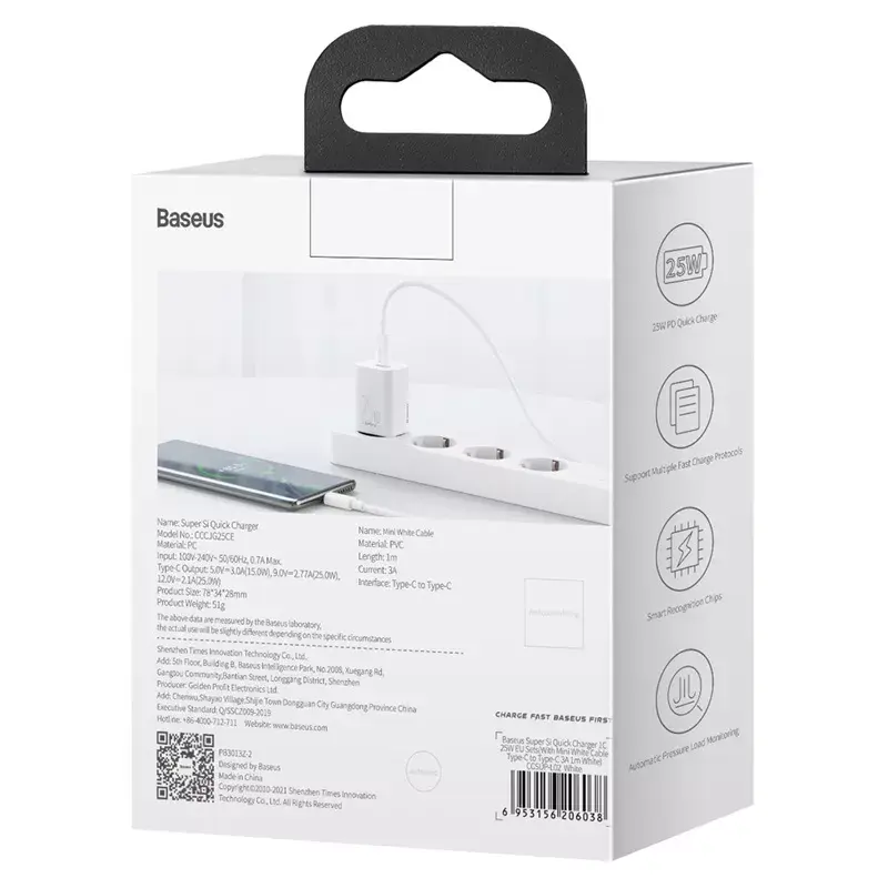 Carregador de interior Baseus Super Si branco carregamento rápido 12V 1xUSB-C