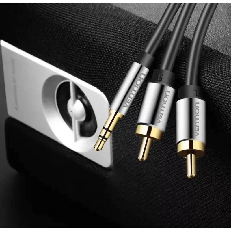 Cabo de áudio Vention BCFBJ 2 x RCA para minijack 3,5 mm, 5 m, preto, contactos dourados, revestimento PVC