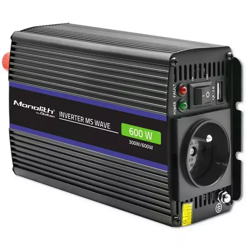 Conversor de tensão QOLTEC Monolith 600 MS Wave 12V para 230V 600W, onda pura/senoidal ou modificada conforme indicado