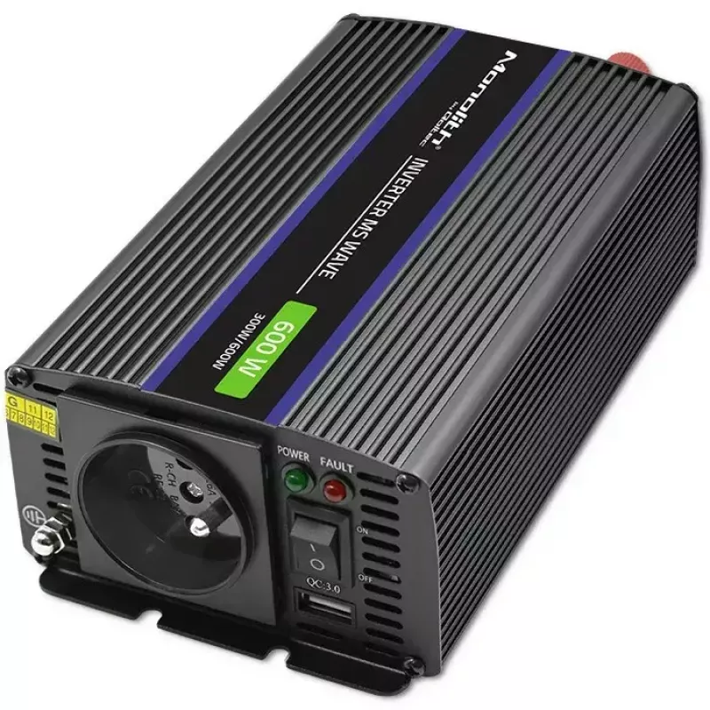 Conversor de tensão QOLTEC Monolith 600 MS Wave 12V para 230V 600W, onda pura/senoidal ou modificada conforme indicado