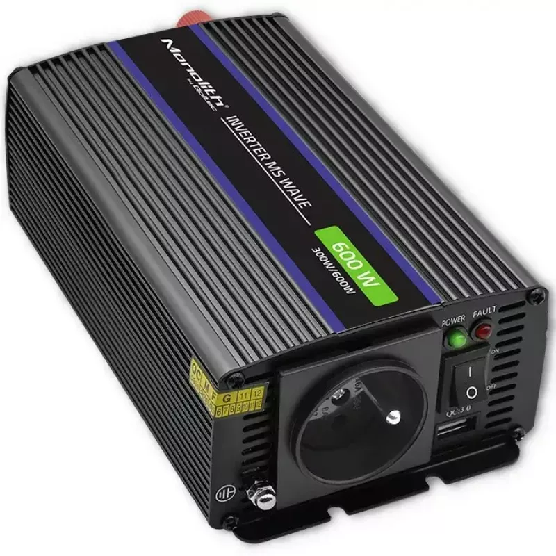 Conversor de tensão QOLTEC Monolith 600 MS Wave 12V para 230V 600W, onda pura/senoidal ou modificada conforme indicado