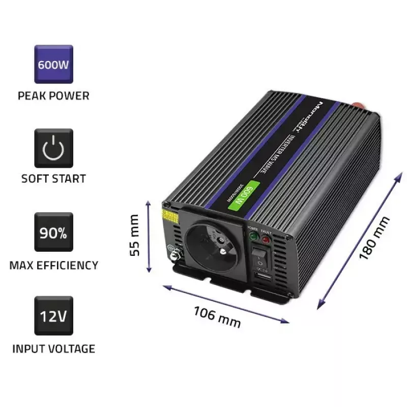 Conversor de tensão QOLTEC Monolith 600 MS Wave 12V para 230V 600W, onda pura/senoidal ou modificada conforme indicado