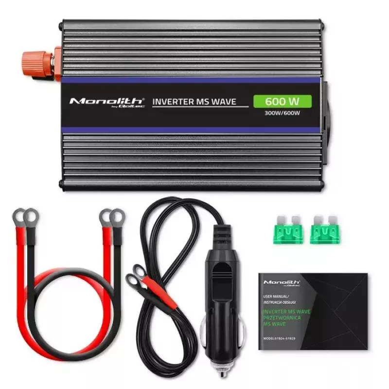 Conversor de tensão QOLTEC Monolith 600 MS Wave 12V para 230V 600W, onda pura/senoidal ou modificada conforme indicado