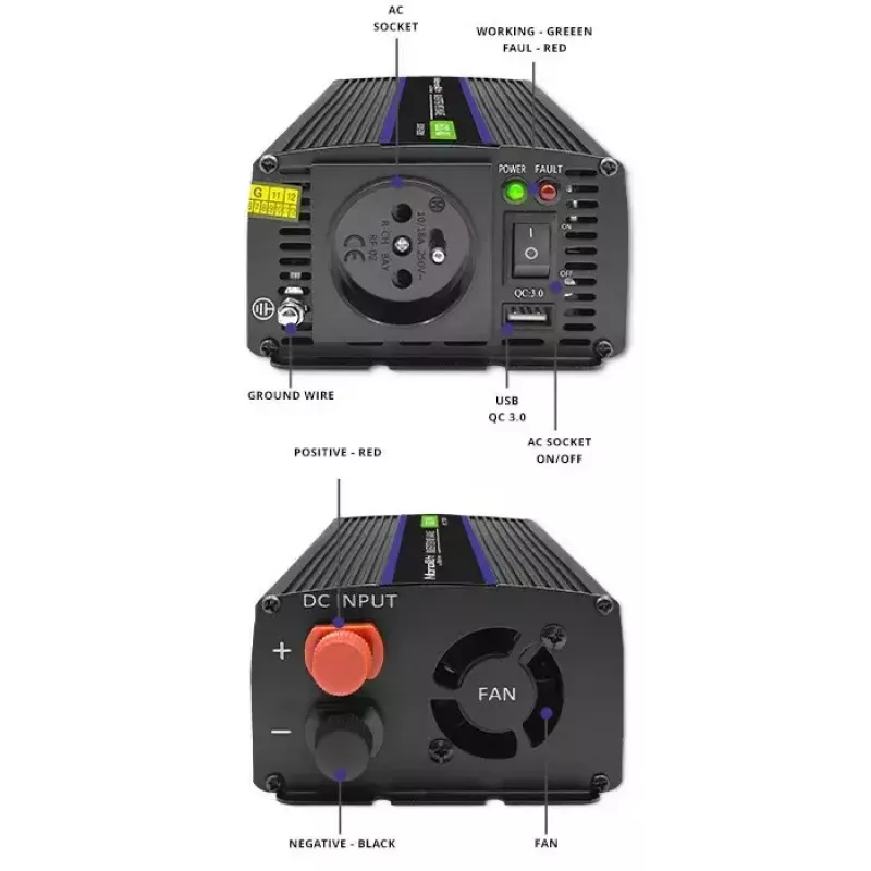 Conversor de tensão QOLTEC Monolith 600 MS Wave 12V para 230V 600W, onda pura/senoidal ou modificada conforme indicado