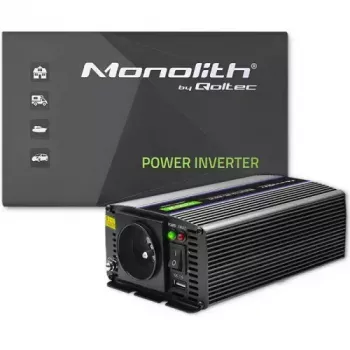 Inversor QOLTEC Monolith 600 W — 12 V para 230 V, USB PD 18 W, Auto/Interior, preto