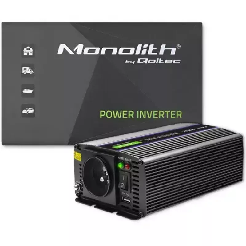 Inversor QOLTEC Monolith 600 W — 12 V para 230 V, USB PD 18 W, Auto/Interior, preto
