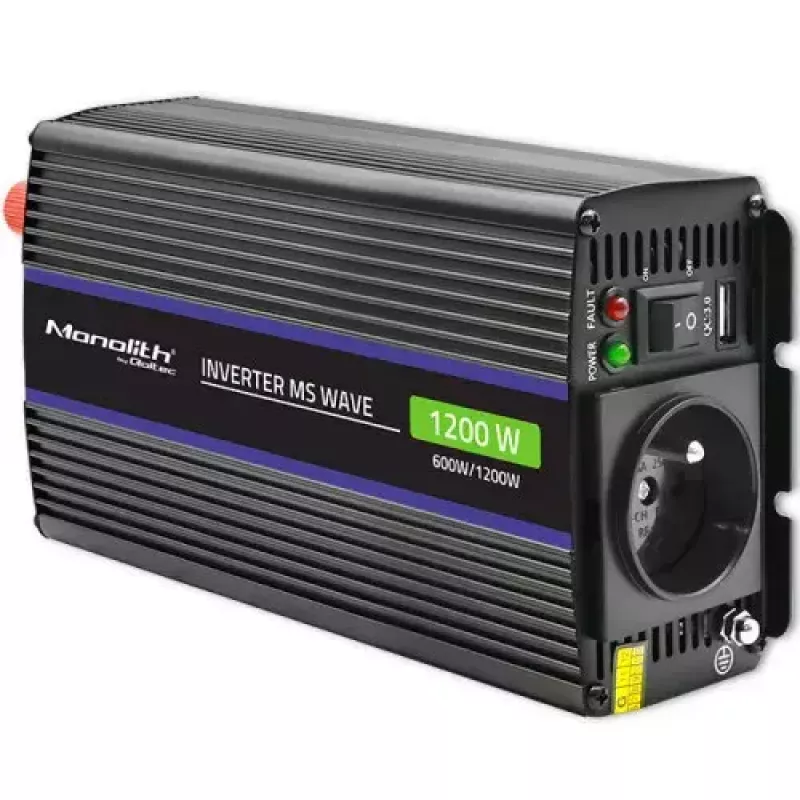 Inversor QOLTEC Monolith 600 W — 12 V para 230 V, USB PD 18 W, Auto/Interior, preto